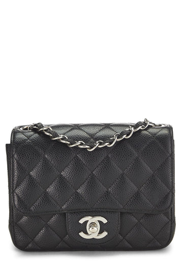 Chanel,  Black Quilted Caviar Classic Square Flap Mini, Black