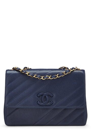 Chanel,  Navy Caviar Diagonal Jumbo Flap, Blue
