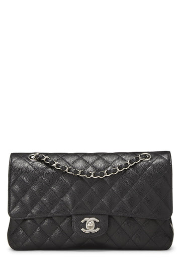 Chanel,  Black Quilted Caviar Classic Double Flap Medium, Black