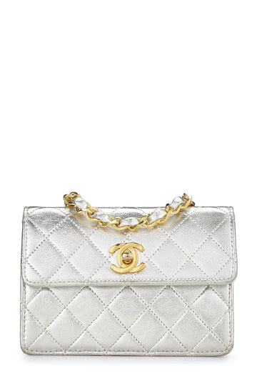 Chanel,  Metallic Silver Lambskin Half Flap Micro, Silver