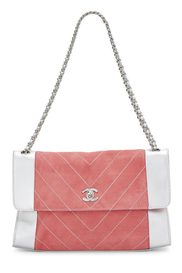 Chanel,  Pink Suede & Silver Leather Chevron Flap Medium, Pink