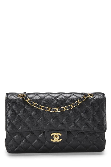 Chanel,  Black Quilted Caviar Classic Double Flap Medium, Black