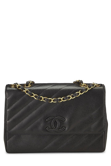 Chanel,  Black Caviar Diagonal Flap Jumbo, Black