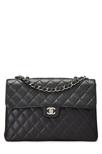 Chanel,  Black Quilted Caviar Half Flap Jumbo, Black