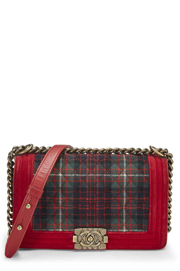 Chanel,  Paris-Edinburgh Red Tartan Velvet Boy Bag Medium, Red