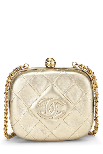 Chanel,  Metallic Gold Quilted Lambskin Kiss Lock Crossbody Bag, Gold