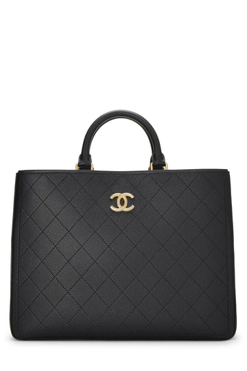 Chanel,  Black Quilted Caviar Shopping Tote Large, Black