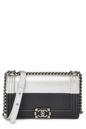 Chanel,  Black & Metallic Silver Bi-Color Calfskin Boy Bag Medium, Multi