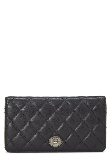 Chanel,  Black Quilted Caviar Long Flap Wallet, Black