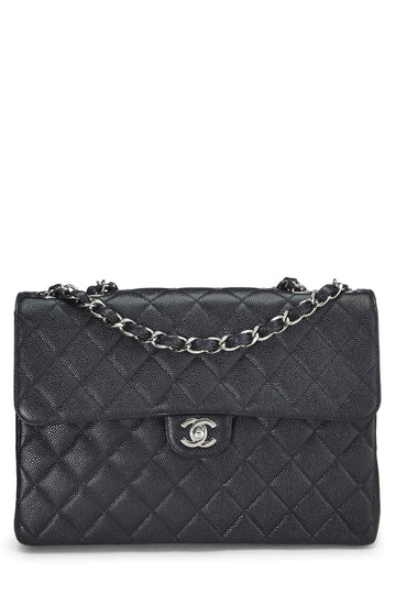 Chanel,  Black Quilted Caviar Half Flap Jumbo, Black