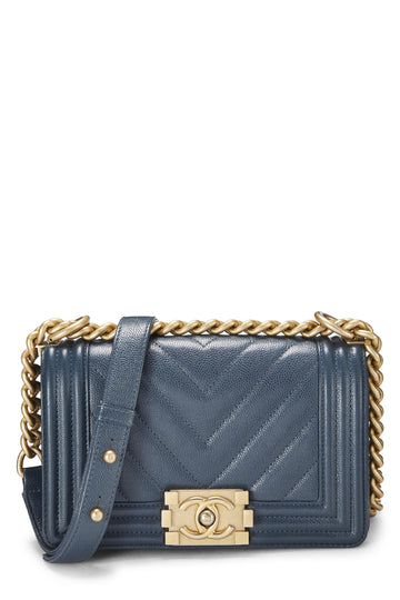 Chanel,  Blue Chevron Caviar Boy Bag Small, Blue