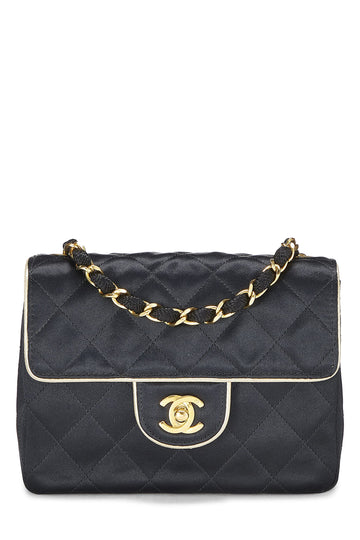 Chanel,  Black Quilted Satin Piped Half Flap Mini, Black
