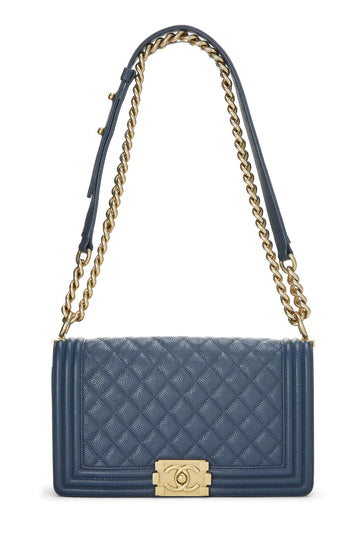 Chanel,  Blue Quilted Caviar Boy Bag Medium, Blue