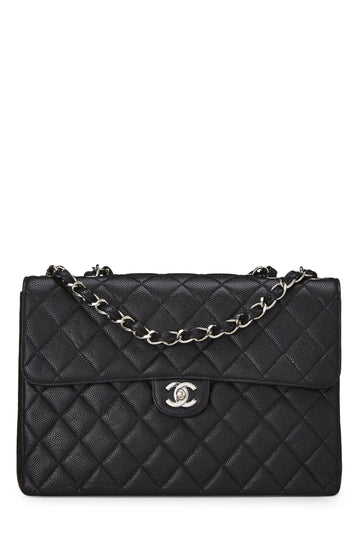 Chanel,  Black Quilted Caviar Half Flap Jumbo, Black
