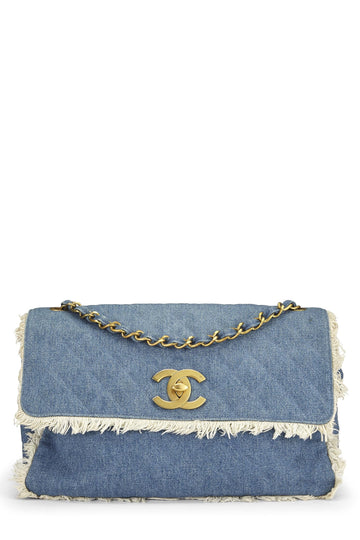 Chanel,  Blue Quilted Denim Half Flap Maxi, Blue
