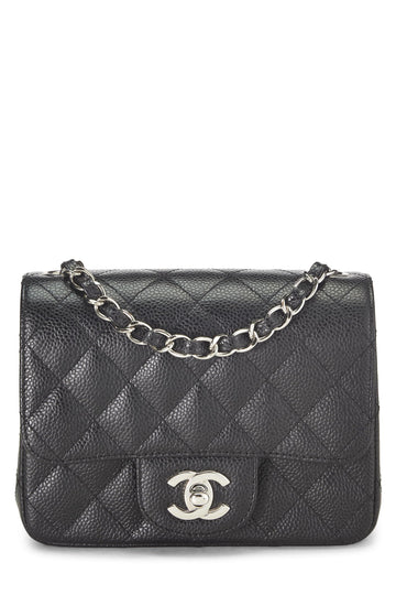 Chanel,  Black Quilted Caviar Classic Square Flap Mini, Black