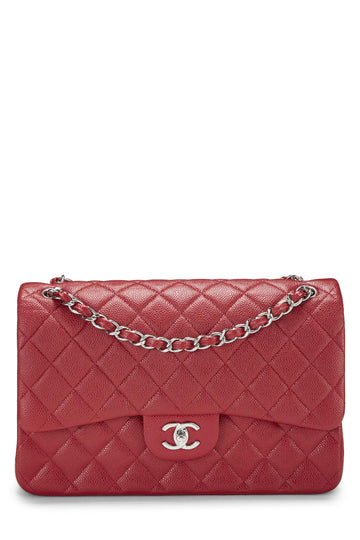 Chanel,  Red Quilted Caviar New Classic Double Flap Jumbo, Red