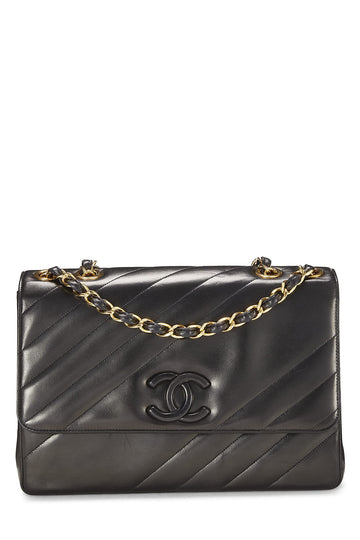 Chanel,  Black Diagonal Lambskin Flap Jumbo, Black