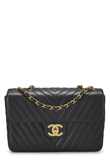 Chanel,  Black Chevron Caviar Half Flap Maxi, Black
