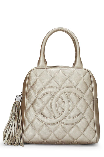 Chanel,  Metallic Silver Quilted Caviar Tassel Handbag, Silver