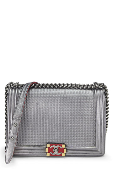 Chanel,  Silver Cube Embossed Calfskin Boy Bag Medium, Silver