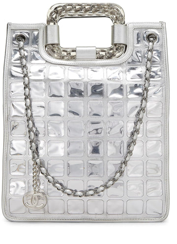 Chanel,  Metallic Silver Quilted Leather Ice Cube Shopping Tote, Silver
