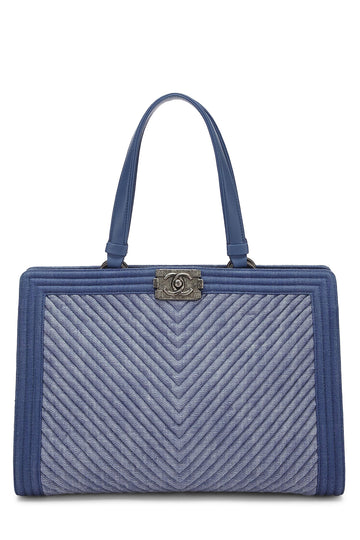 Chanel,  Blue Denim Chevron Boy Shopping Tote Large, Blue