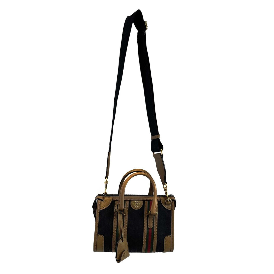 GUCCI GG Canvas Linea Bauletto Plaque Mini Top Handle Crossbody Black/Brown