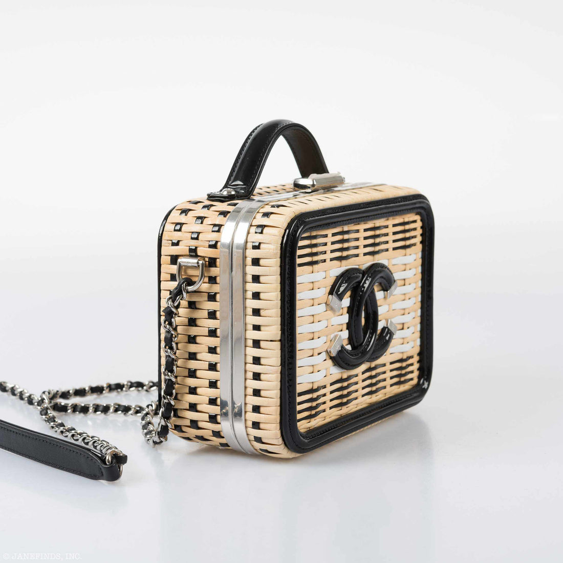 Chanel Vanity Case Black, Beige & White Rattan, Patent Calfskin & Silver-Tone Metal