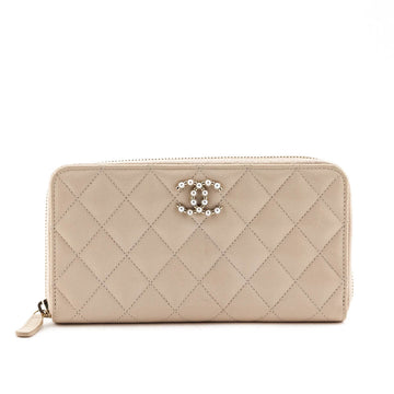 Chanel Beige Caviar Quilted CC Large Zip Around Wallet