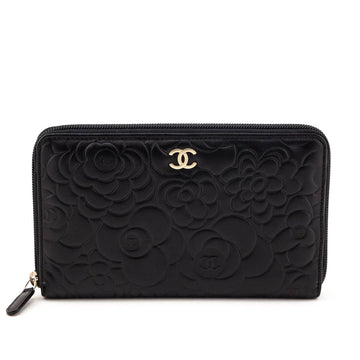 Chanel Black Camellia Embossed Lambskin Long Zip Wallet