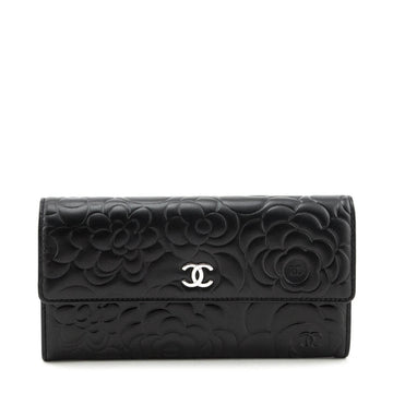 Chanel Black Camellia Embossed Long Flap Wallet
