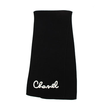 Chanel Black Cashmere Knit Pearl Embellished Logo Scarf