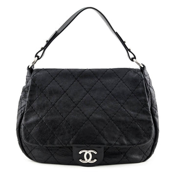 Chanel Black Glazed Calfskin Stitched XL On The Road Flap