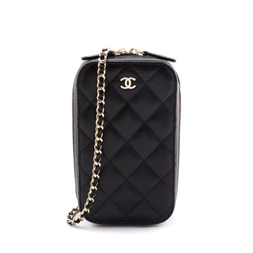 Chanel Black Quilted Caviar Zip Around Chain Phone Case