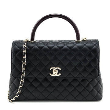 Chanel Black Quilted Caviar & Lizard Medium Coco Handle Flap Bag