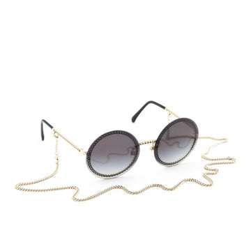 Chanel Black Round Chain-Link Accented Sunglasses with Chain