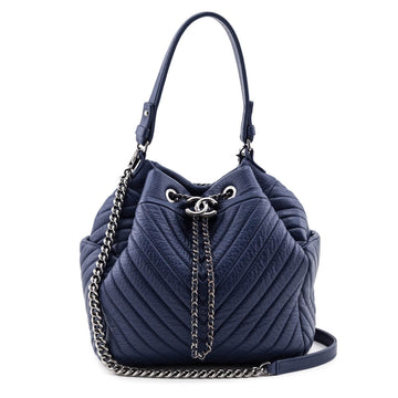 Chanel Blue Quilted Deerskin Chevron Medium Chain Bucket Bag