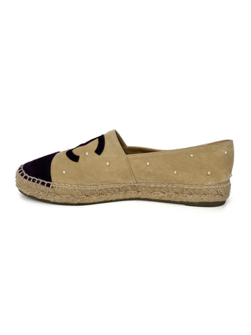 Chanel CC Pearl Studded Suede Espadrilles 39