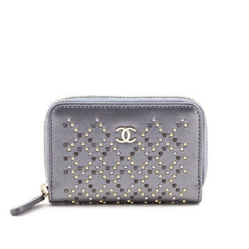 Chanel Metallic Gray Leather Studded Zip Coin Purse Wallet