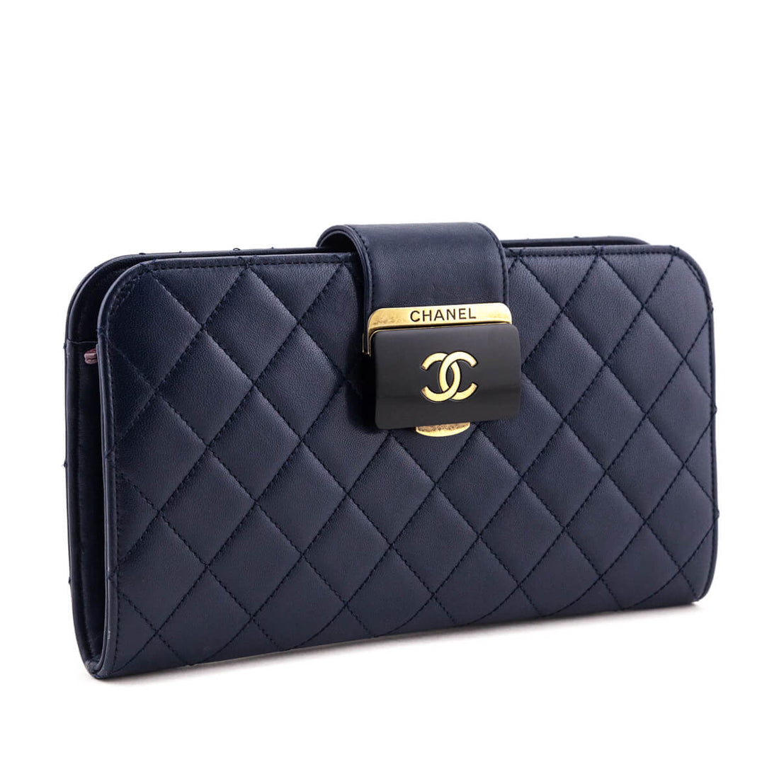 Chanel Navy Quilted Sheepskin Beauty Lock Clutch