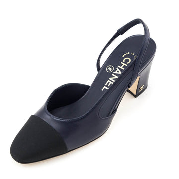 Chanel Navy Leather & Black Cap Toe CC Slingback Pumps Size US 6 | EU 36