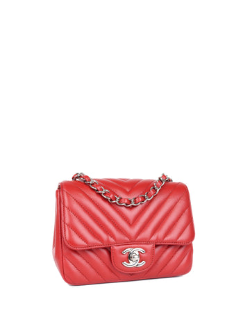 Chanel Red Caviar Chevron Mini Square Classic Flap SHW