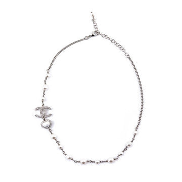 Chanel Silver Faux Pearl CC Necklace