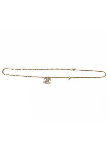 Chanel Brass Gold Logo Necklace with Dangling Pearls