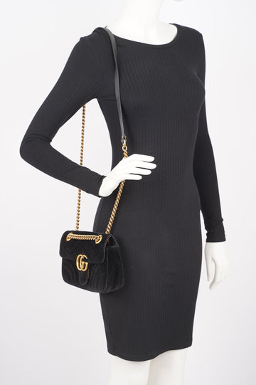 Gucci Womens Marmont Flap Bag Black Velvet Mini