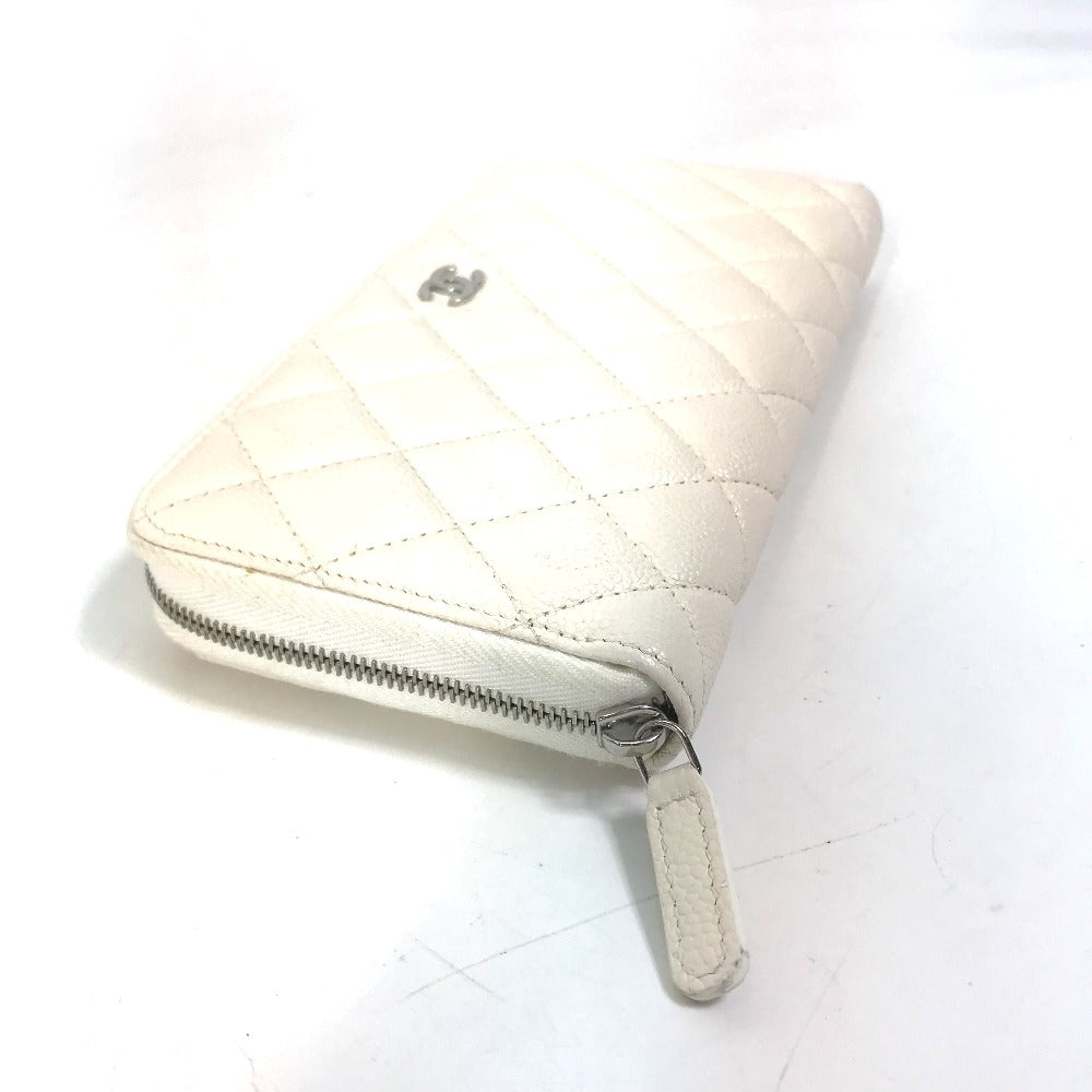 CHANEL Long Wallet Purse A50097 Caviar skin white Matelasse CC COCO Mark Zip Around Women Used