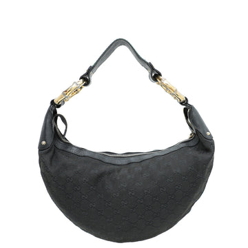Gucci Black GG Web Bamboo Ring Hobo Bag