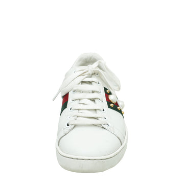 Gucci White Ace Web Pearl Studs Sneaker 37
