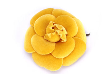 CHANEL YELLOW VELVET CAMELIA BROOCH, WITH BOX
